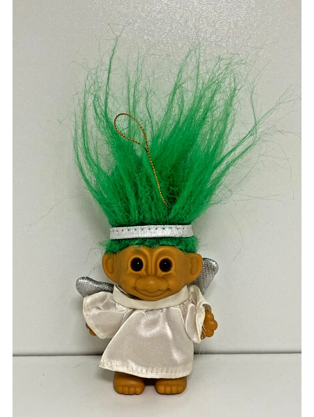 Vintage 1980s Russ Troll - Green Haired Angel Hanging Christmas Decoration 3"
